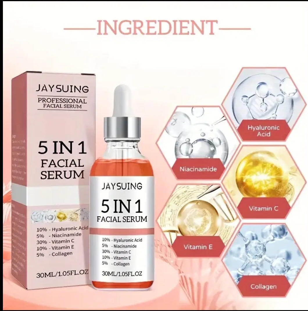 Sérum Visage Professionnel 5-en-1 JAYSUING – Acide Hyaluronique, Niacinamide, Vitamine C, Vitamine E, Collagène – 30 ml