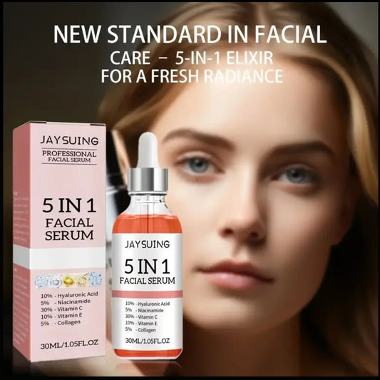 Sérum Visage Professionnel 5-en-1 JAYSUING – Acide Hyaluronique, Niacinamide, Vitamine C, Vitamine E, Collagène – 30 ml